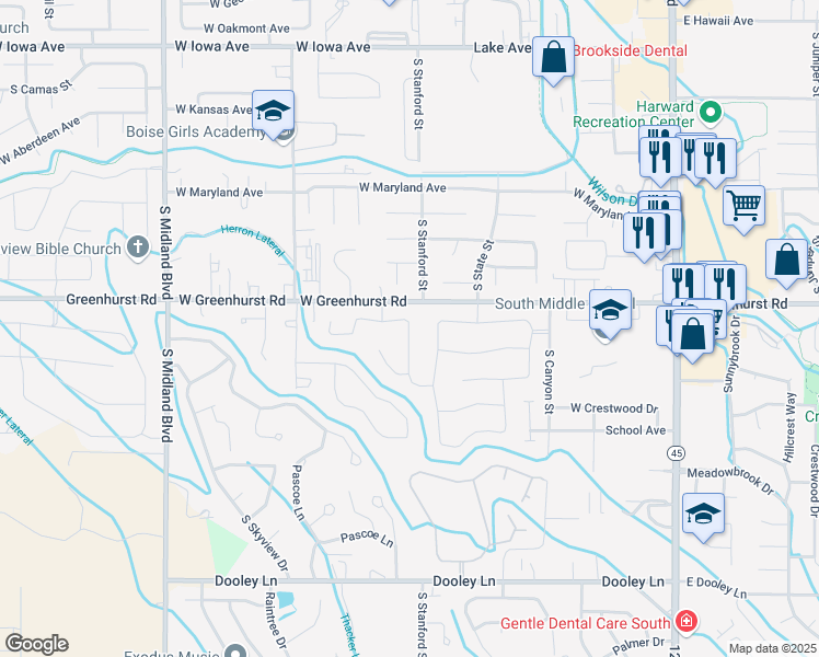 map of restaurants, bars, coffee shops, grocery stores, and more near 2318 South Wildrye Way in Nampa