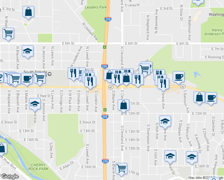 map of restaurants, bars, coffee shops, grocery stores, and more near 2609 E 10th St in Sioux Falls