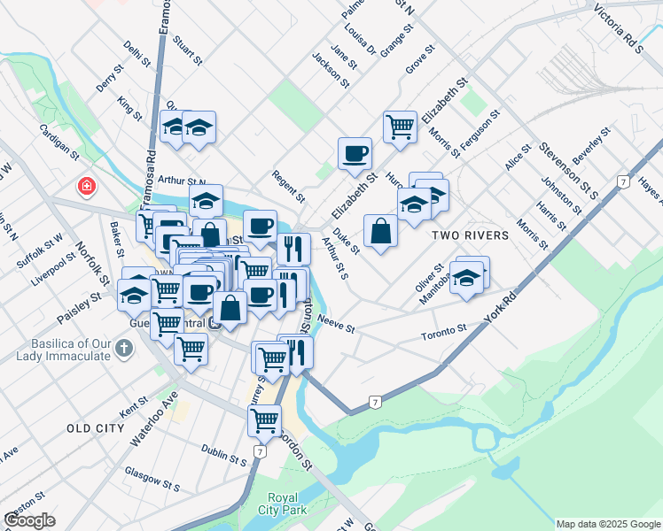 map of restaurants, bars, coffee shops, grocery stores, and more near 53 Arthur Street South in Guelph