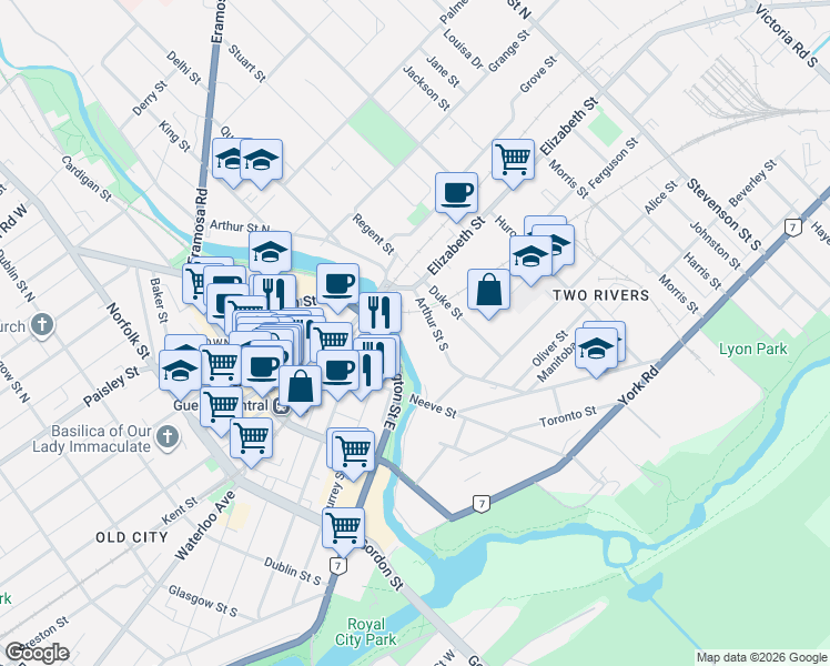 map of restaurants, bars, coffee shops, grocery stores, and more near 43 Arthur Street South in Guelph