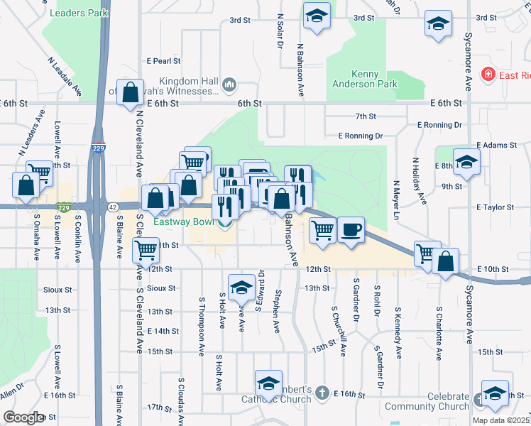 map of restaurants, bars, coffee shops, grocery stores, and more near 3401 East 10th Street in Sioux Falls