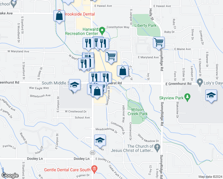 map of restaurants, bars, coffee shops, grocery stores, and more near 2324 Sunnybrook Drive in Nampa