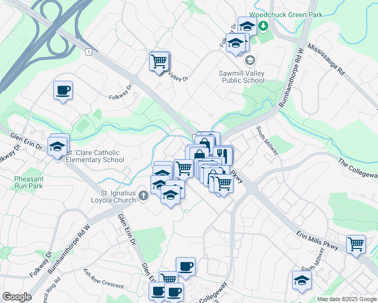 map of restaurants, bars, coffee shops, grocery stores, and more near in Mississauga