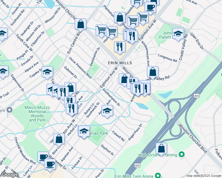 map of restaurants, bars, coffee shops, grocery stores, and more near 4975 Southampton Drive in Mississauga