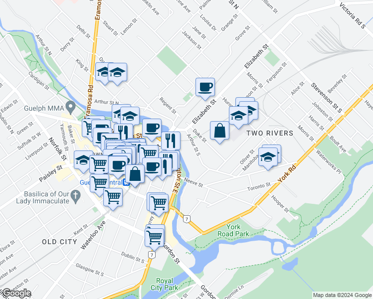 map of restaurants, bars, coffee shops, grocery stores, and more near 43 Arthur Street South in Guelph
