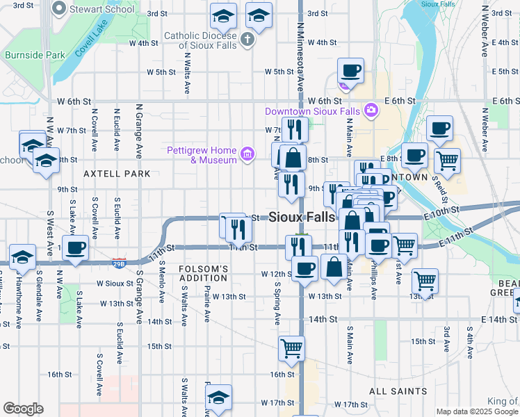 map of restaurants, bars, coffee shops, grocery stores, and more near 124 South Duluth Avenue in Sioux Falls