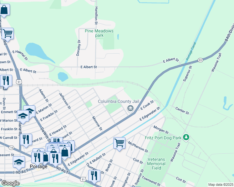 map of restaurants, bars, coffee shops, grocery stores, and more near 610 East Howard Street in Portage