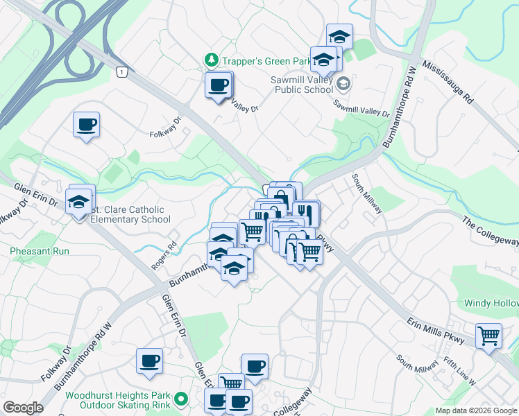 map of restaurants, bars, coffee shops, grocery stores, and more near in Mississauga