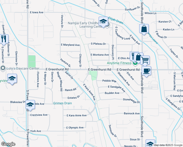 map of restaurants, bars, coffee shops, grocery stores, and more near 2312 South Chicago Street in Nampa