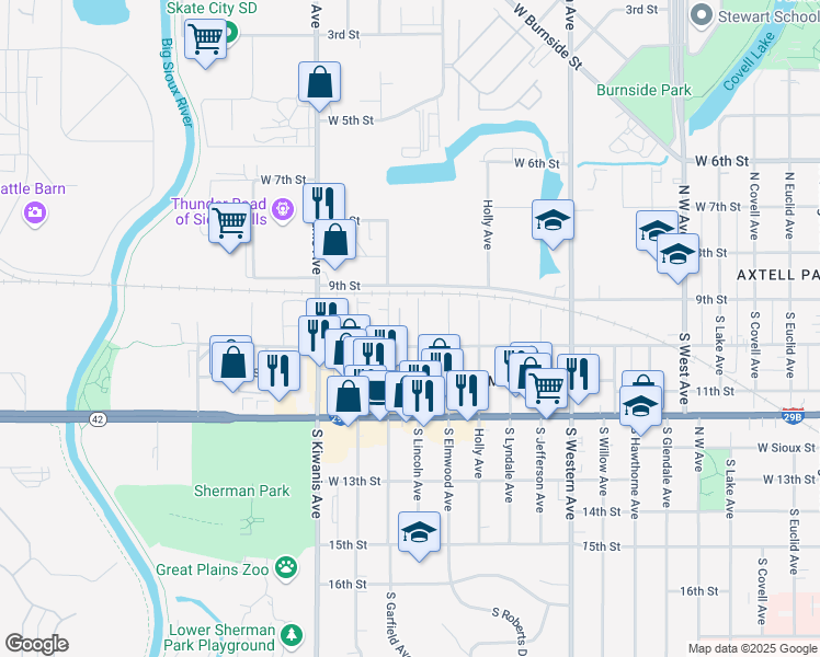 map of restaurants, bars, coffee shops, grocery stores, and more near 123 South Lincoln Avenue in Sioux Falls