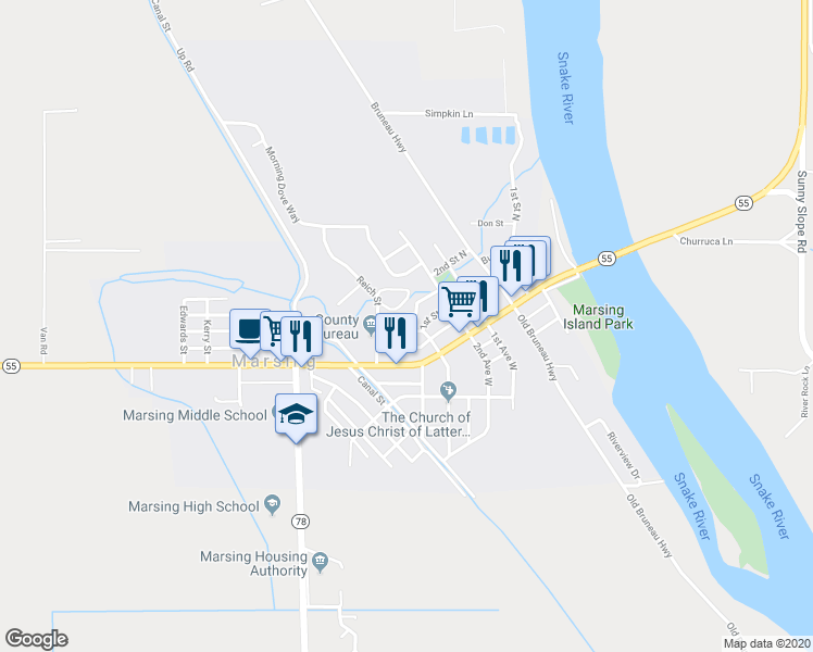 map of restaurants, bars, coffee shops, grocery stores, and more near 416 1st Street North in Marsing