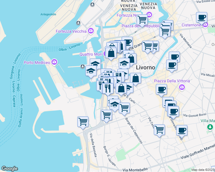 map of restaurants, bars, coffee shops, grocery stores, and more near 18 Piazza la Giovine Italia in Livorno