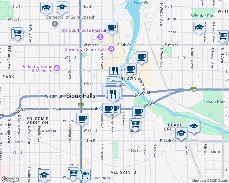 map of restaurants, bars, coffee shops, grocery stores, and more near 122 South Mall Avenue in Sioux Falls