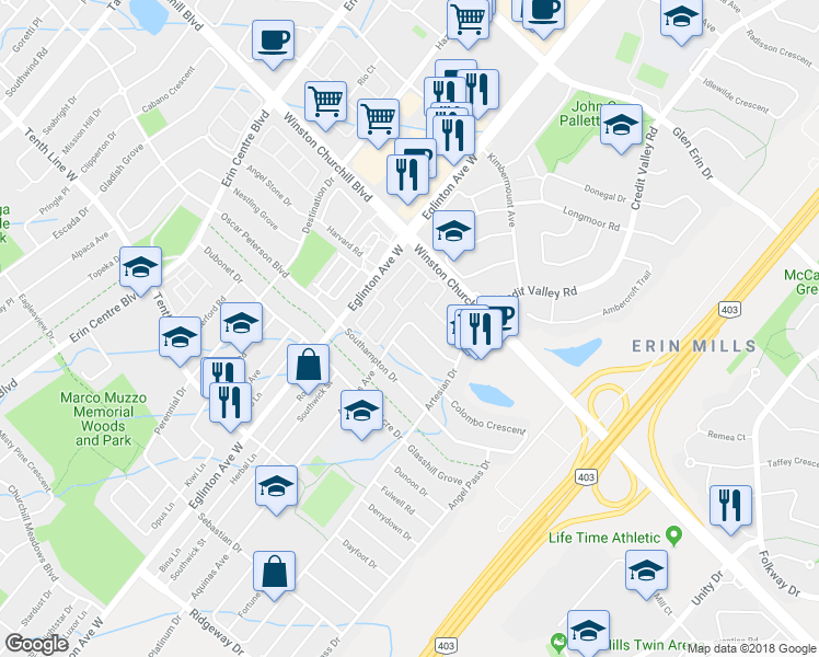 map of restaurants, bars, coffee shops, grocery stores, and more near 4842 Half Moon Grove in Mississauga