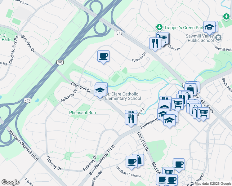 map of restaurants, bars, coffee shops, grocery stores, and more near 2917 Rainbow Crescent in Mississauga