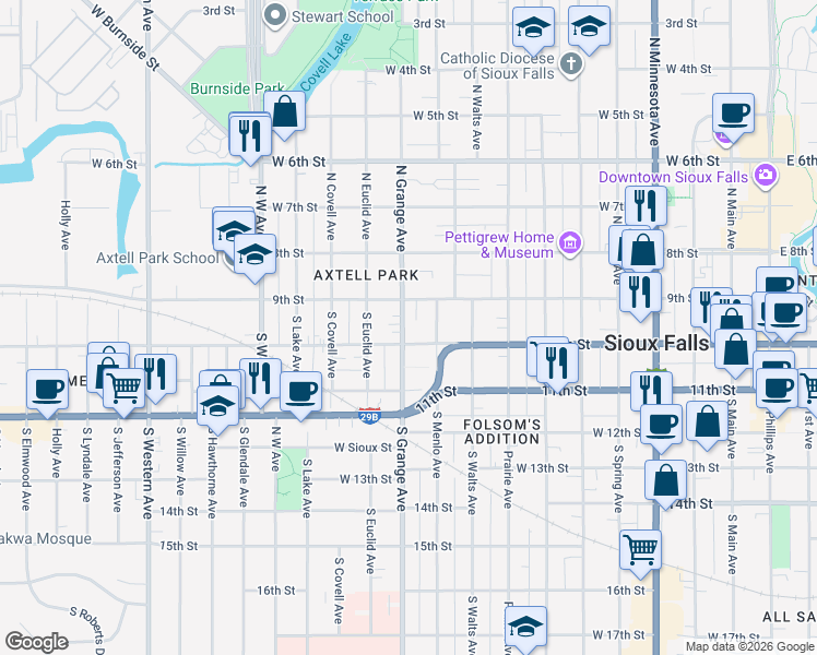 map of restaurants, bars, coffee shops, grocery stores, and more near 122 South Grange Avenue in Sioux Falls