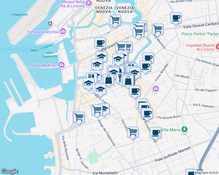 map of restaurants, bars, coffee shops, grocery stores, and more near 36-38 Via Michon in Leghorn