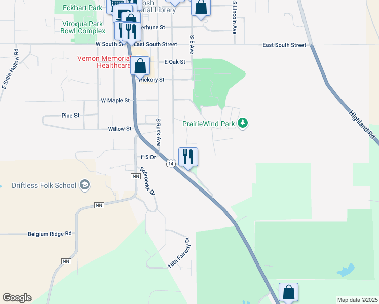map of restaurants, bars, coffee shops, grocery stores, and more near 25 Washington Heights in Viroqua
