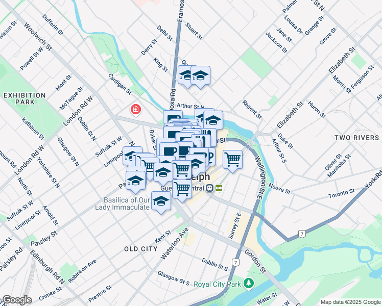 map of restaurants, bars, coffee shops, grocery stores, and more near 5 Douglas Street in Guelph