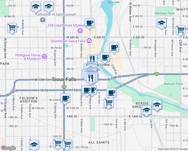 map of restaurants, bars, coffee shops, grocery stores, and more near 122 South Mall Avenue in Sioux Falls