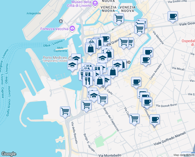 map of restaurants, bars, coffee shops, grocery stores, and more near 19 Via Don Giov Batt Quilici in Livorno