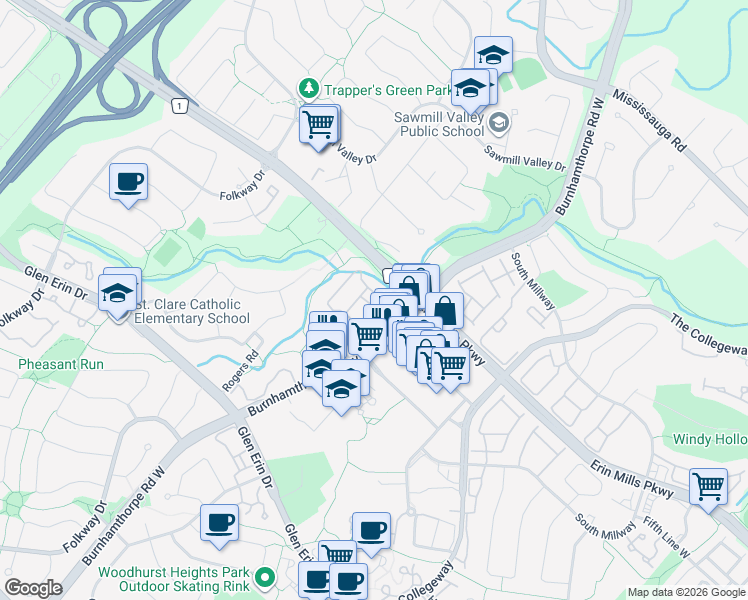 map of restaurants, bars, coffee shops, grocery stores, and more near 2199 Burnhamthorpe Road West in Mississauga
