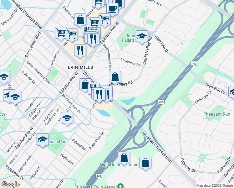 map of restaurants, bars, coffee shops, grocery stores, and more near 2694 Ambercroft Trail in Mississauga