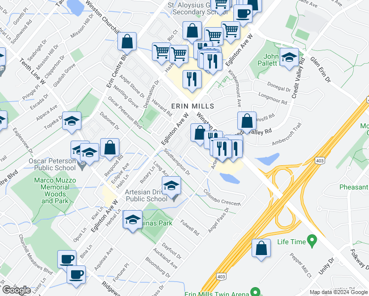 map of restaurants, bars, coffee shops, grocery stores, and more near 4842 Half Moon Grove in Mississauga