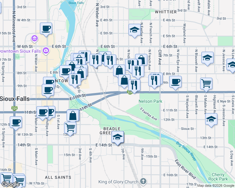 map of restaurants, bars, coffee shops, grocery stores, and more near 201 South Franklin Avenue in Sioux Falls