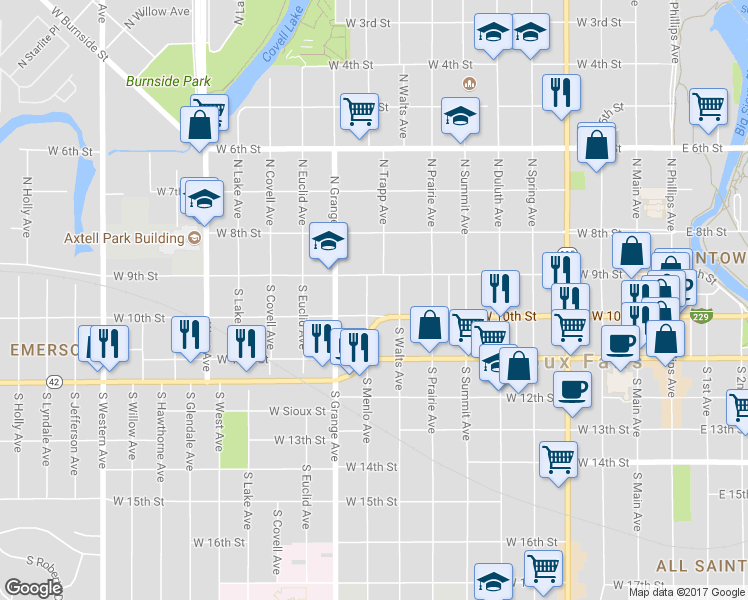 map of restaurants, bars, coffee shops, grocery stores, and more near 118 South Menlo Avenue in Sioux Falls