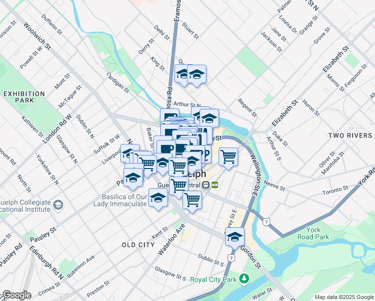 map of restaurants, bars, coffee shops, grocery stores, and more near 1 Douglas Street in Guelph