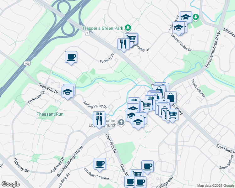 map of restaurants, bars, coffee shops, grocery stores, and more near 3932 Rolling Valley Drive in Mississauga
