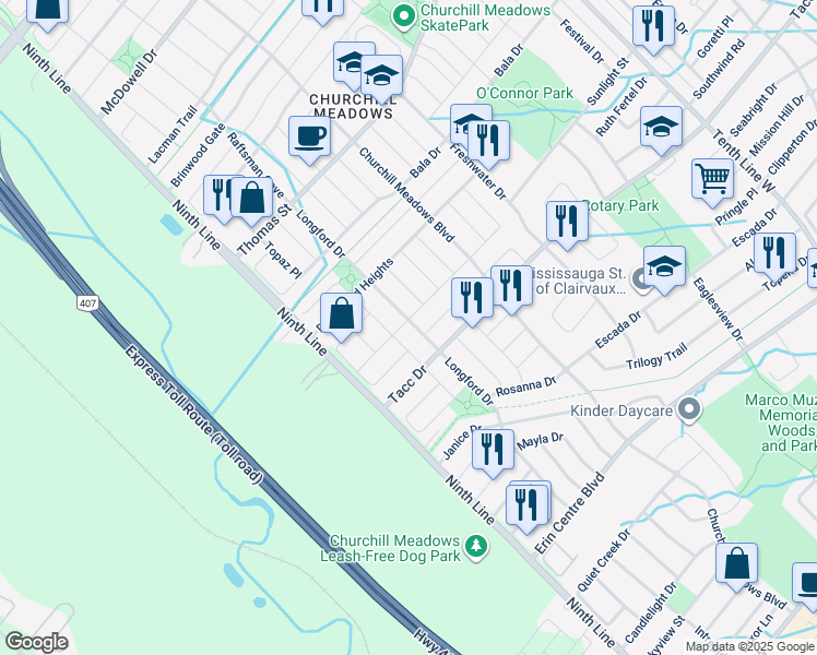 map of restaurants, bars, coffee shops, grocery stores, and more near 3926 Oland Drive in Mississauga
