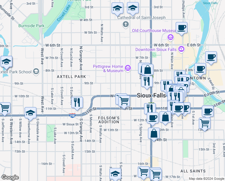 map of restaurants, bars, coffee shops, grocery stores, and more near 106 South Prairie Avenue in Sioux Falls
