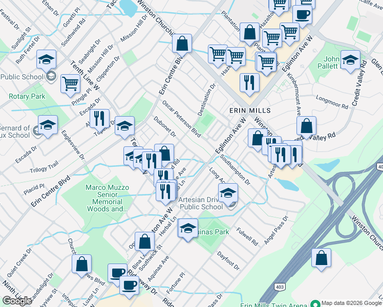 map of restaurants, bars, coffee shops, grocery stores, and more near 5053 Dubonet Drive in Mississauga