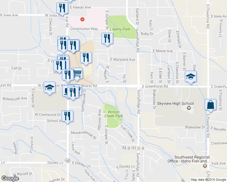 map of restaurants, bars, coffee shops, grocery stores, and more near 2313 River Oaks Court in Nampa