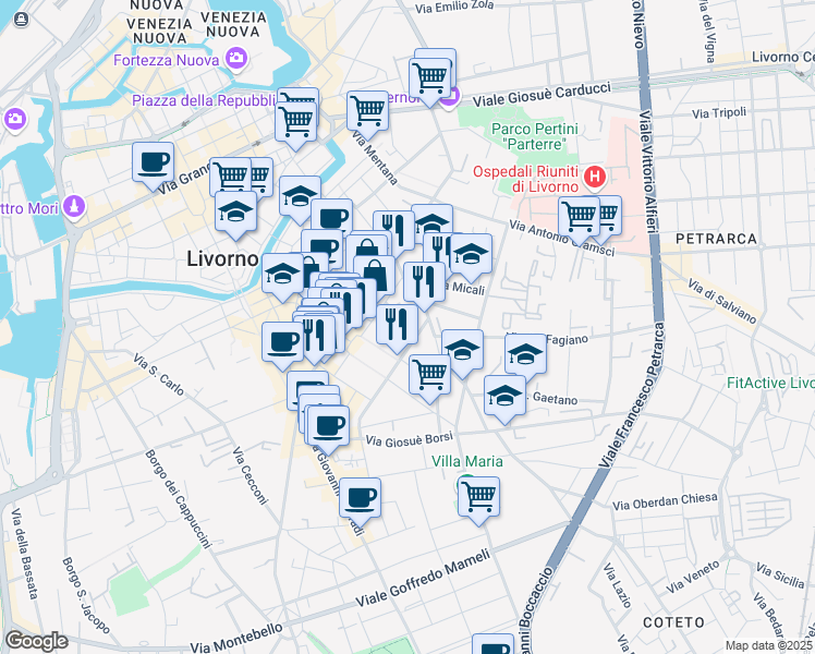 map of restaurants, bars, coffee shops, grocery stores, and more near 5 Via Giuseppe Giusti in Livorno