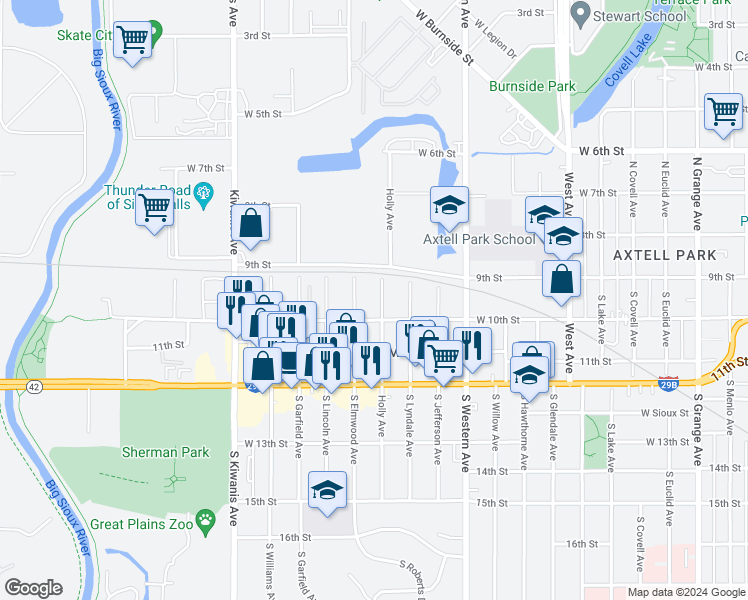 map of restaurants, bars, coffee shops, grocery stores, and more near 111 South Holly Avenue in Sioux Falls