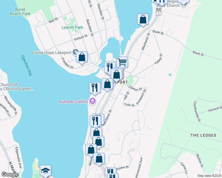map of restaurants, bars, coffee shops, grocery stores, and more near 743 Union Avenue in Laconia