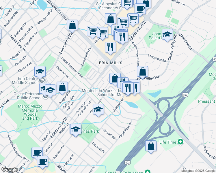 map of restaurants, bars, coffee shops, grocery stores, and more near 4842 Half Moon Grove in Mississauga