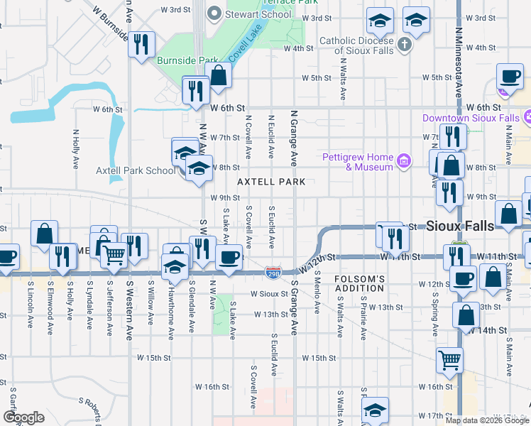 map of restaurants, bars, coffee shops, grocery stores, and more near 116 South Euclid Avenue in Sioux Falls