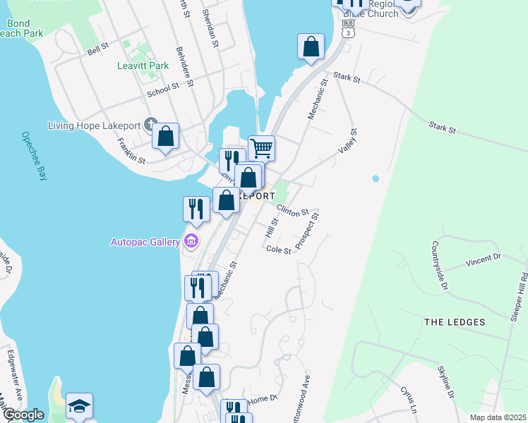 map of restaurants, bars, coffee shops, grocery stores, and more near 145 Mechanic Street in Laconia