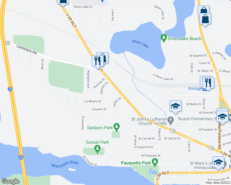 map of restaurants, bars, coffee shops, grocery stores, and more near 1116 West Wisconsin Street in Portage