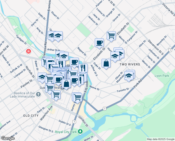 map of restaurants, bars, coffee shops, grocery stores, and more near 43 Arthur Street South in Guelph