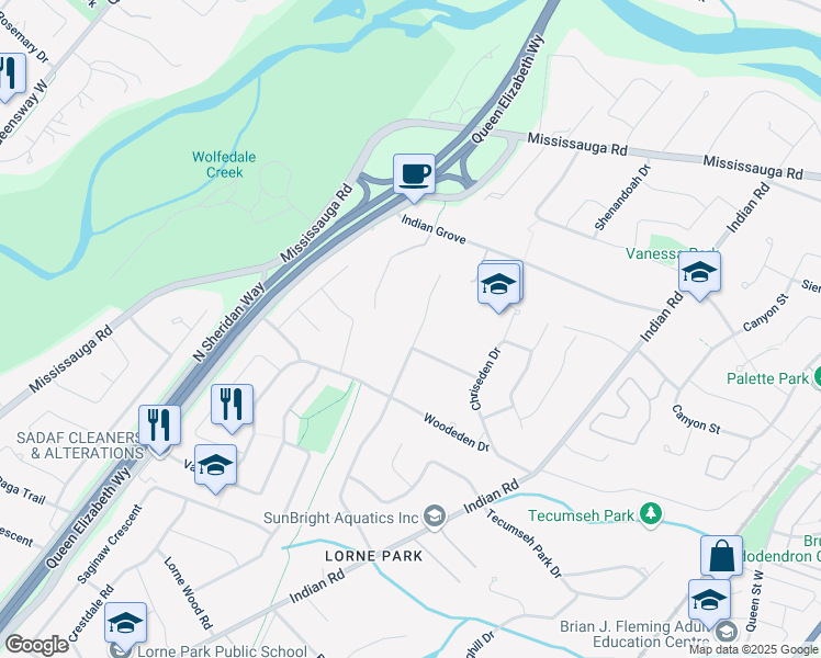 map of restaurants, bars, coffee shops, grocery stores, and more near 879 Caldwell Avenue in Mississauga