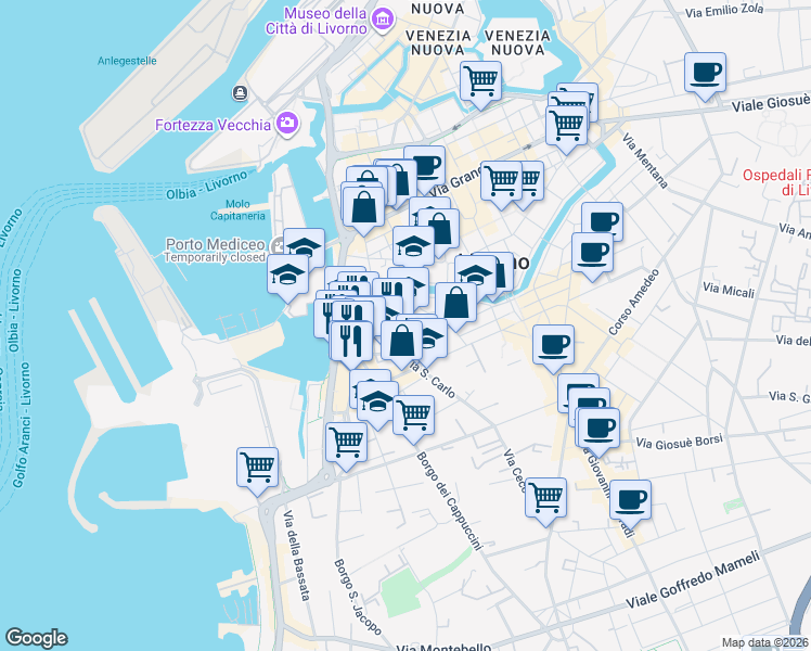 map of restaurants, bars, coffee shops, grocery stores, and more near 19 Via Don Giov Batt Quilici in Livorno