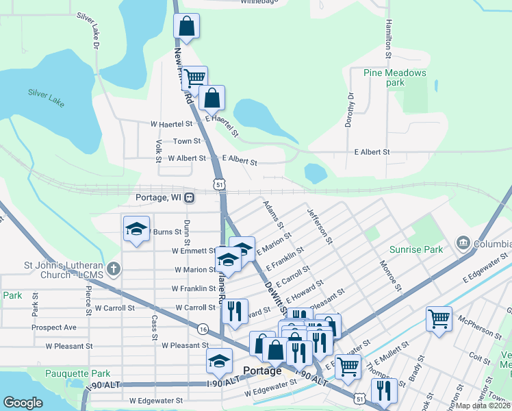 map of restaurants, bars, coffee shops, grocery stores, and more near 133 East Burns Street in Portage