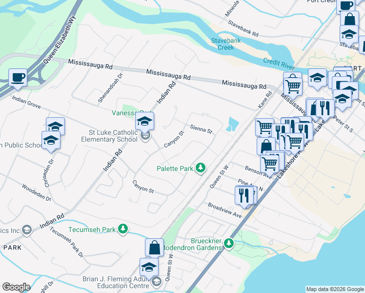 map of restaurants, bars, coffee shops, grocery stores, and more near 645 Cranleigh Court in Mississauga