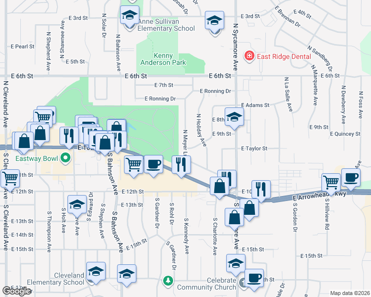 map of restaurants, bars, coffee shops, grocery stores, and more near 4101 East Walker Way in Sioux Falls
