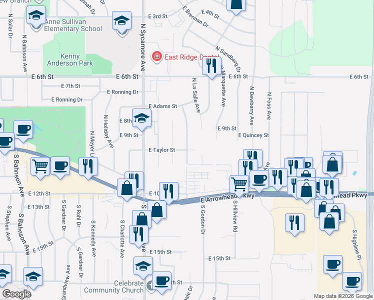 map of restaurants, bars, coffee shops, grocery stores, and more near 4825 East Taylor Street in Sioux Falls